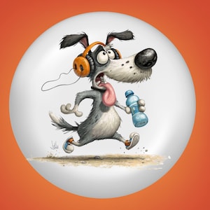 Könnte beinhalten: Cartoon-Illustration eines laufenden Hundes mit orangefarbenen Kopfhörern und einer blauen Wasserflasche. Der Hund hat eine rosa Zunge herausgestreckt und trägt Turnschuhe. Der Hintergrund ist ein weißer Kreis auf orangefarbenem Grund.