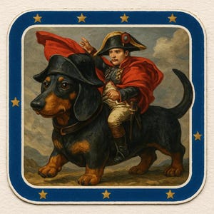 Pegatina de Napoleón en perro salchicha con sombrero de general. Sátira histórica en formato de pegatina cómica para amantes de los perros y fanáticos del humor histórico.