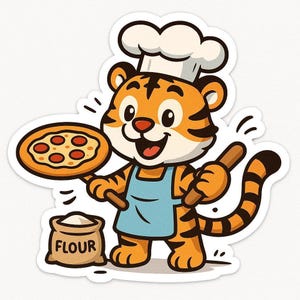 Tiger Baking Pizza Sticker – Funny Car Sticker – Weatherproof, Delicious – Gift for Animal Lovers, Foodies, and Humor Fans