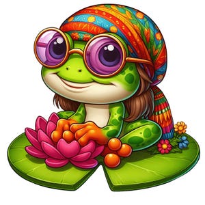 Può includere: Una rana dei cartoni animati con un corpo verde, che indossa un foulard colorato e occhiali rotondi con lenti viola. La rana è seduta su una foglia di ninfea, tenendo in mano un fiore di loto rosa. L'immagine ha uno stile stravagante e fumettistico.