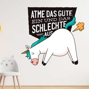 Funny unicorn wall sticker with saying, Breathe the good unicorn wall sticker, humorous children's room decoration, cartoon unicorn wall sticker