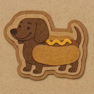 Perro salchicha con cara de perrito caliente y sonrisa de mostaza. Pegatina divertida de dibujos animados. Resistente a la intemperie. Regalo para amantes de los perros, la comida y el humor.