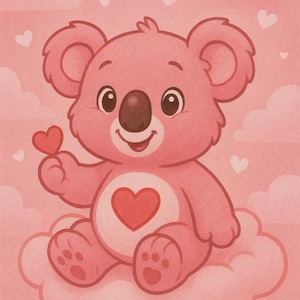 Süßer Koala Sticker – Rosa Herz-Koalabär auf Wolke im Cartoon-Stil für Kinderzimmer, Laptop, Valentinstag & Liebe Deko