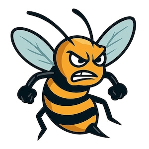 May include: A cartoon illustration of an angry bee with a determined expression. The bee is yellow and black with black antennae, arms, and legs. The wings are light blue. The bee is in a fighting stance, ready to take action.