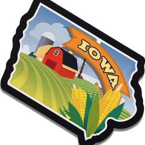 Autocollant Iowa, autocollant d'État des États-Unis, motif agricole, champ de maïs et ferme, autocollant de voiture, carte de l'Iowa