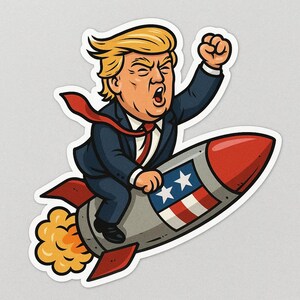 Adesivo Trump sul razzo – Motivo satirico sulla politica degli Stati Uniti – Adesivo per laptop, umorismo di protesta, design a fumetti