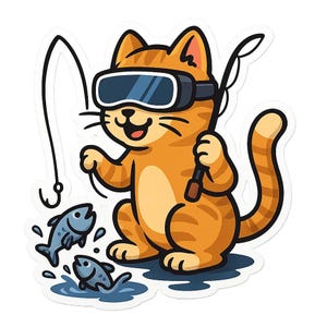 May include: A sticker featuring a cartoon orange tabby cat wearing VR goggles and fishing. The cat is holding a fishing rod and smiling, with two blue fish jumping out of the water. The design has a playful and whimsical style.