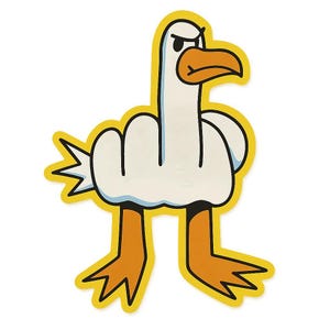 Pegatina de gaviota enojada con divertido motivo de meme con borde amarillo para coche, portátil, caravana o regalo para fans de las gaviotas y nerds del humor.