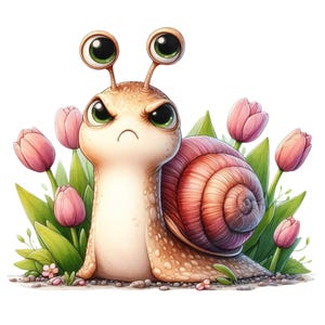 May include: A cartoon illustration of an angry snail with large, expressive eyes and a spiral shell. The snail is surrounded by pink tulips and green leaves, set against a white background. The snail's expression is one of annoyance.