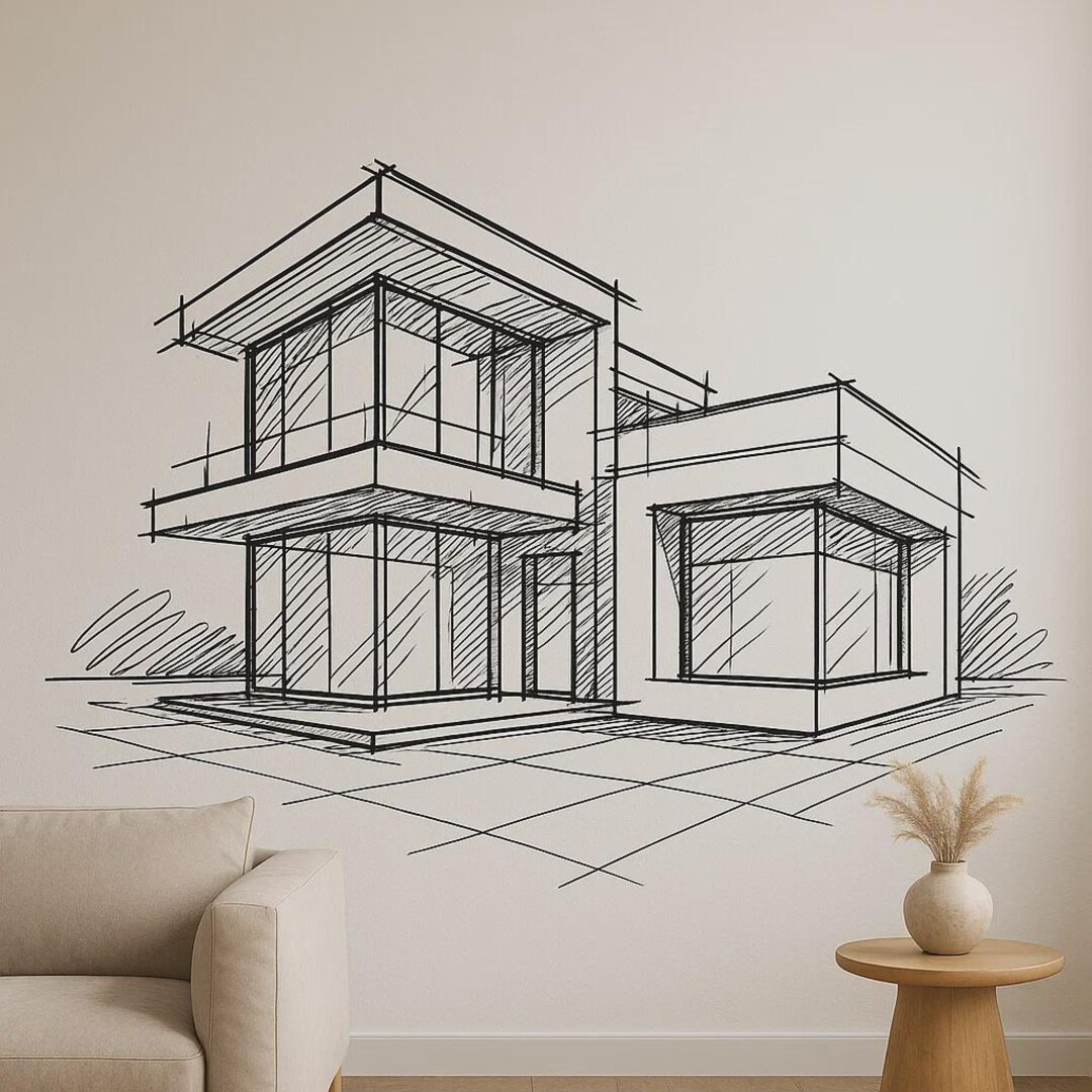 Architectural Sketch Wall Sticker Technical-aesthetic Line Motif as a ...