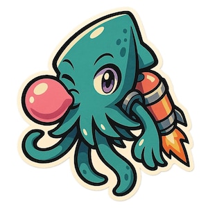 Adesivo jetpack calamaro | Calamaro kawaii con jetpack e gomma da masticare in stile Sora | Adesivo divertente a forma di polpo