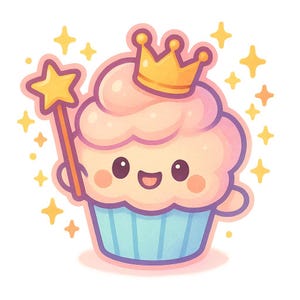 Magischer Cupcake Sticker | Süßer Aufkleber mit Krone & Zauberstab | Lustiger Kawaii Kuchen | Geschenk für Naschkatzen