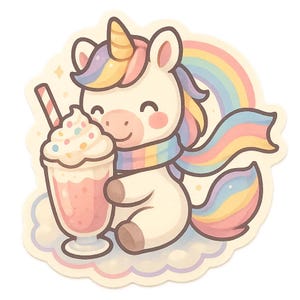 Adesivo Unicorno Milkshake | Adesivo carino con sciarpa arcobaleno e shake | Disegno unicorno kawaii | Regalo per i sognatori