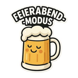 May include: A sticker featuring a cartoon beer mug with a smiling face and the text "FEIERABEND-MODUS" in black. The beer is golden with a white foamy head, and the mug has a white handle.