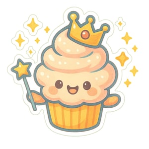 Adesivo per cupcake magico | Simpatico adesivo con corona e bacchetta magica | Torta Kawaii Divertente | Regalo per i più golosi