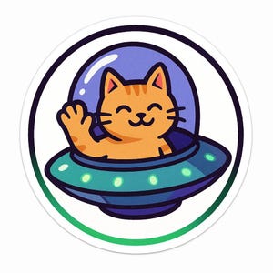 UFO-Katze Sticker | Cartoon-Katze winkt aus Untertasse | Sci-Fi Haustier Comic | Alien-Fun Aufkleber für Nerds