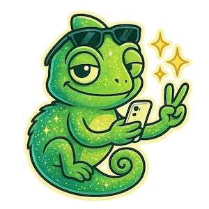 キラキラ輝くインフルエンサーのカメレオン - 面白い漫画ステッカー - 耐候性 - 動物、ファッション、ユーモアファンへのギフト