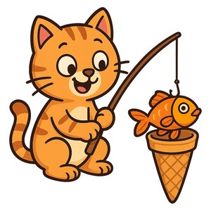 Könnte beinhalten: Cartoon-Illustration einer orangefarbenen getigerten Katze beim Angeln. Die Katze hält eine Angelrute mit einer fischförmigen Eistüte am Ende. Die Katze lächelt. Der Hintergrund ist weiß.