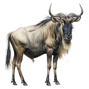 May include: A detailed illustration of a wildebeest, showcasing its distinctive features. The animal has a light brown coat, a dark mane, and prominent curved horns. Its face is dark with a long, light-colored beard, and it stands against a plain white background.
