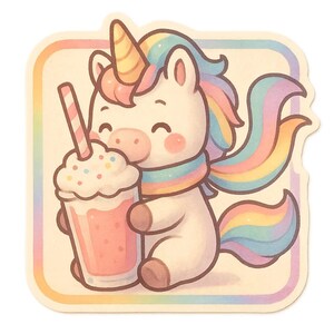 Adesivo Unicorno Milkshake | Adesivo carino con sciarpa arcobaleno e shake | Disegno unicorno kawaii | Regalo per i sognatori