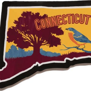 Sticker van Connecticut, sticker van de Amerikaanse staat, motief van boom en vogel, natuurlandschap, autosticker van Connecticut-kaart