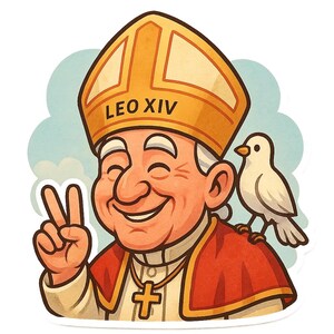 Adesivo divertente del cartone animato Papa Leone XIV | Santo felice con colomba e cappello gigante | Simpatico motivo di chiesa come adesivo divertente