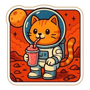 Gato astronauta en Marte con batido – Pegatina divertida de dibujos animados – Resistente a la intemperie – Regalo para amantes del espacio, los gatos y el humor
