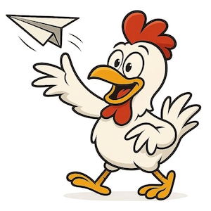 Könnte beinhalten: Cartoon-Illustration eines weißen Huhns mit rotem Kamm und Kehllappen, das lächelt und ein Papierflugzeug wirft. Das Huhn hat gelbe Füße und einen gelben Schnabel. Das Papierflugzeug ist weiß und grau.