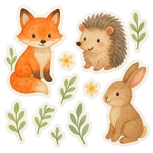 Set di adesivi – Volpe acquerellata, Riccio, Coniglio – Adesivi carini a tema natura per la cameretta dei bambini, Bullet Journal
