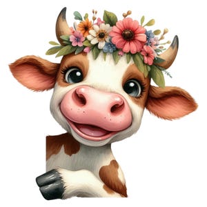 Süße Kuh mit Blumenkranz Sticker | Lustiger Bauernhof Cartoon Autoaufkleber | Wandtattoo Tier Deko für Kinderzimmer & Geschenk