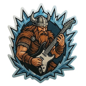 2X Viking stickers with electric guitar instead of axe. Rocking Northman as a comic figure sticker for metalheads, history nerds and myth fans.