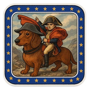 Pegatina de Napoleón en perro salchicha con sombrero de general. Sátira histórica en formato de pegatina cómica para amantes de los perros y fanáticos del humor histórico.