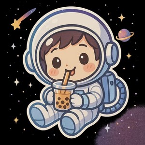 Adesivo per tè al latte astronauta | Sora Chibi in tuta spaziale con bubble tea | Adesivi spaziali kawaii | Simpatico motivo nerd