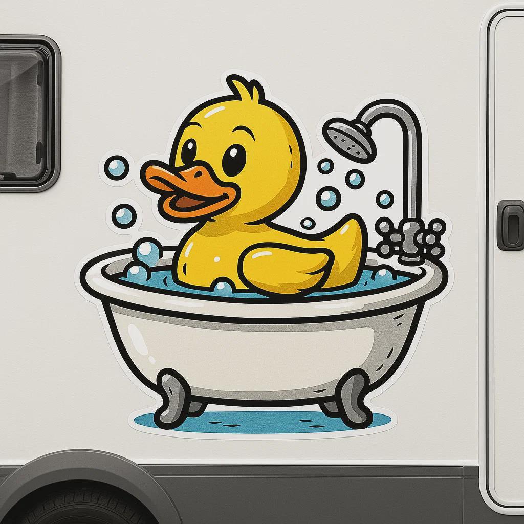 Gummiente Badewanne Sticker Comic Ente für Wohnwagen oder Camper Lustige Deko personalisierbar Geschenk für Camping mit Humor