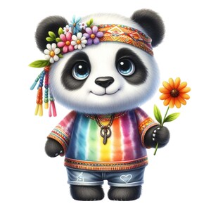 Può includere: Un panda dei cartoni animati con una maglietta tie-dye colorata, pantaloncini di jeans e una fascia floreale. Il panda tiene in mano un fiore arancione e una collana con un ciondolo a forma di chiave. Il panda ha la pelliccia bianca e nera e grandi occhi blu.