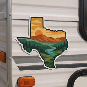 Autocollant de paysage du Texas avec contour de carte géographique autocollant pour ordinateur portable voiture camping-car cadeau pour les fans des États-Unis et les amoureux de la nature