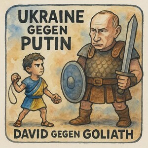 Pegatina Ucrania vs. Putin – Motivo David vs. Goliat – Cómic de acuarela, protesta y esperanza
