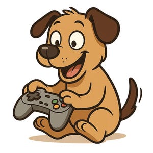 Könnte beinhalten: Cartoon-Illustration eines fröhlichen, hellbraunen Hundes, der ein Videospiel spielt. Der Hund hält einen grauen Gamecontroller und hat ein breites Lächeln. Der Hund hat braune Ohren und einen braunen Schwanz. Weißer Hintergrund.