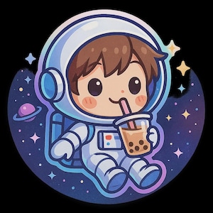 Adesivo per tè al latte astronauta | Sora Chibi in tuta spaziale con bubble tea | Adesivi spaziali kawaii | Simpatico motivo nerd