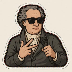 Pegatina de Goethe con gafas de sol y micrófono de golpe El clásico como poeta moderno Pegatina de cómic de literatura divertida para amantes de los libros