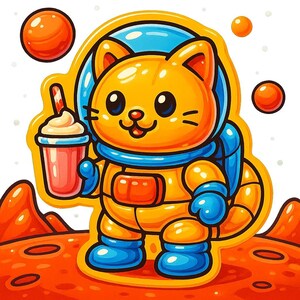 Gato astronauta en Marte con batido – Pegatina divertida de dibujos animados – Resistente a la intemperie – Regalo para amantes del espacio, los gatos y el humor
