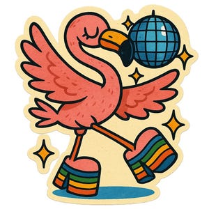 May include: A whimsical sticker featuring a pink flamingo dancing with a blue disco ball. The flamingo has rainbow platform shoes and is surrounded by yellow starbursts. The sticker has a retro, cartoon style.