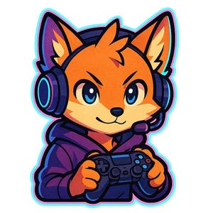 Adesivo Volpe da Gioco | Adesivo in stile Sora con controller e cuffie | Regalo per nerd degli anime | Volpe da gioco in colori neon