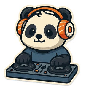 Panda con auriculares de sushi en la mesa de mezclas de DJ. Divertida pegatina de dibujos animados, resistente a la intemperie, regalo para amantes de la música, los pandas y el sushi.