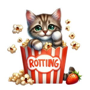 Może przedstawiać: Uroczy kreskówkowy kotek z zielonymi oczami siedzi w czerwono-białym pojemniku na popcorn. Na pojemniku widnieje napis "ROTTING". Na zdjęciu jest też popcorn i czerwona truskawka.