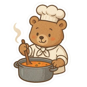Può includere: Un orso bruno dei cartoni animati, con cappello e uniforme da chef, mescola una pentola di zuppa con un cucchiaio di legno. La zuppa è arancione con verdure visibili. Il vapore sale dalla pentola. L'orso ha guance rosee.