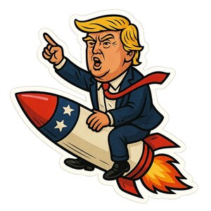 Adesivo Trump sul razzo – Motivo satirico sulla politica degli Stati Uniti – Adesivo per laptop, umorismo di protesta, design a fumetti