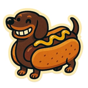 Dackel als Hotdog mit Senf Grinsen – Lustiger Cartoon-Sticker – wetterfest – Geschenk für Hundefans, Foodies & Humorfreunde
