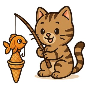 Könnte beinhalten: Cartoon-Illustration einer braunen getigerten Katze, die mit einer Angelrute angelt. Die Katze hält die Rute und hat einen lächelnden orangefarbenen Fisch auf einer Eistüte gefangen. Der Hintergrund ist weiß.