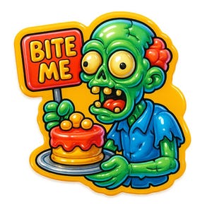 ゾンビ3体とケーキプレートと「Bite Me」サイン – 面白い漫画ステッカー – 耐候性 – ホラーやフードユーモアファンへのギフト